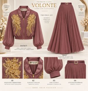 Premium Two-Piece Pleated Dress Set with Gold Embroidery