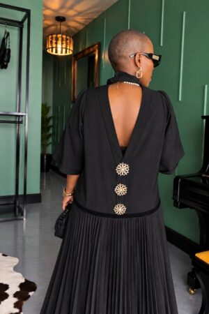 Premium Black Pleated Dress with Luxury Neckline