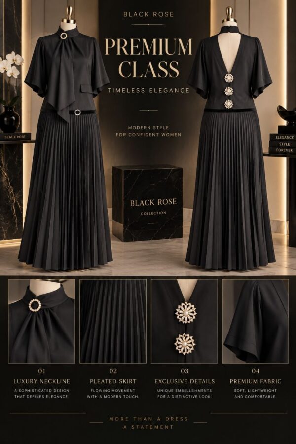 Premium Black Pleated Dress with Luxury Neckline Premium Black Pleated Dress with Luxury Neckline