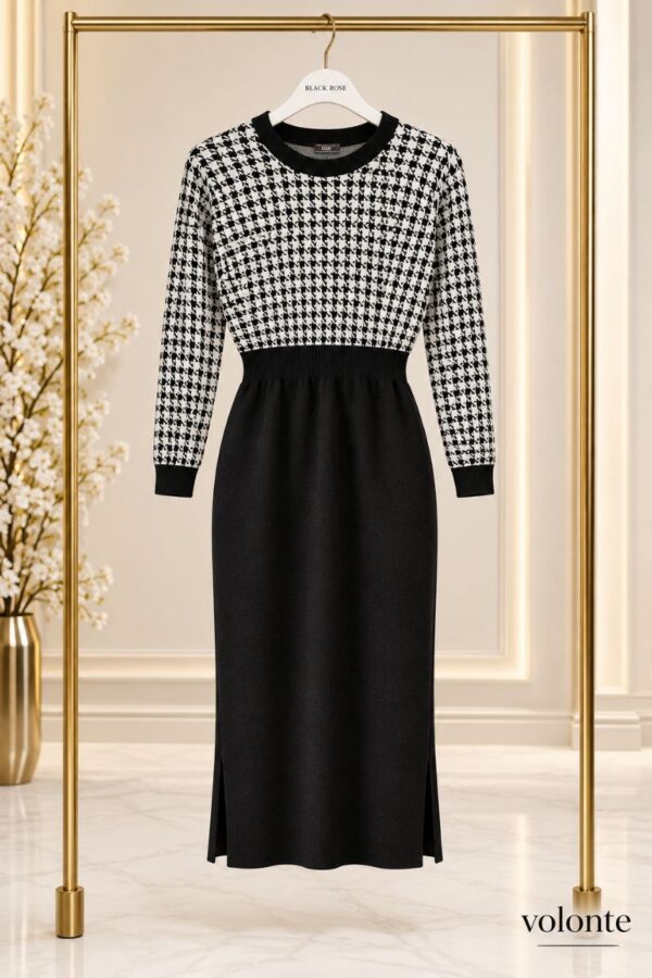 Women’s Houndstooth Knit Sweater Dress – Premium Wool Blend Women's Houndstooth Knit Sweater Dress - Premium Wool Blend
