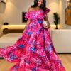 Premium Fuchsia Floral Off-Shoulder Sequin Gown - Wholesale Fashion